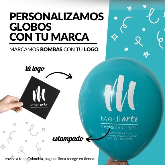 Muestra imagen de un logo estampado en un globo con el mensaje , personalizamos globos con tu marca